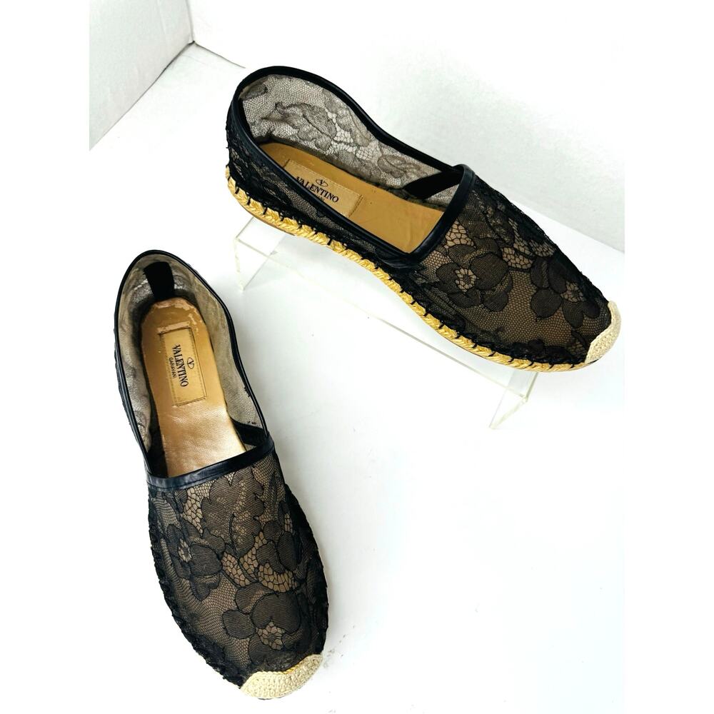 Valentino Black Lace Leather Espadrille Flats Slip On Shoes size EU 37 US 7 - Picture 9 of 9